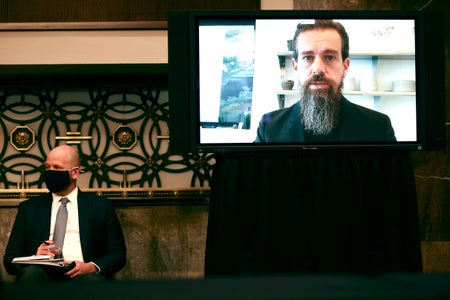 Twitter CEO Jack Dorsey testifies remotely during a Senate Judiciary Committee hearing.