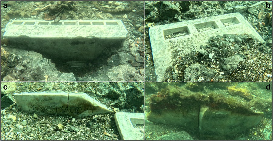 4 photos of samples of altars and inscribed marble slabs stitched together.