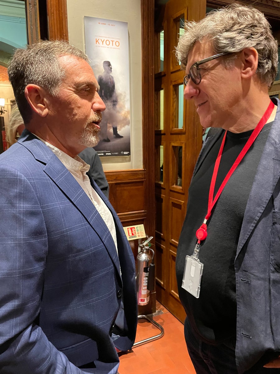Ben Santer (left) in conversation with Dale Rapley (right), the actor playing Ben Santer in the play titled Kyoto
