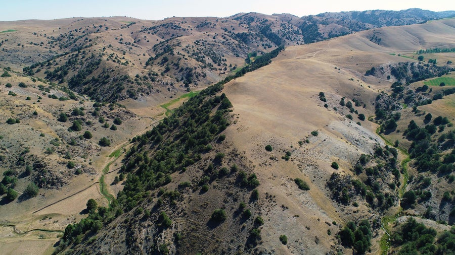 Drone view of grassy mountain peaks