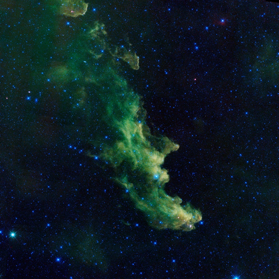 A witch appears to be screaming out into space in this image from NASA's Wide-Field Infrared Survey Explorer, or WISE. The infrared portrait shows the Witch Head nebula, named after its resemblance to the profile of a wicked witch. Astronomers say the billowy clouds of the nebula, where baby stars are brewing, are being lit up by massive stars. Dust in the cloud is being hit with starlight, causing it to glow with infrared light, which was picked up by WISE's detectors